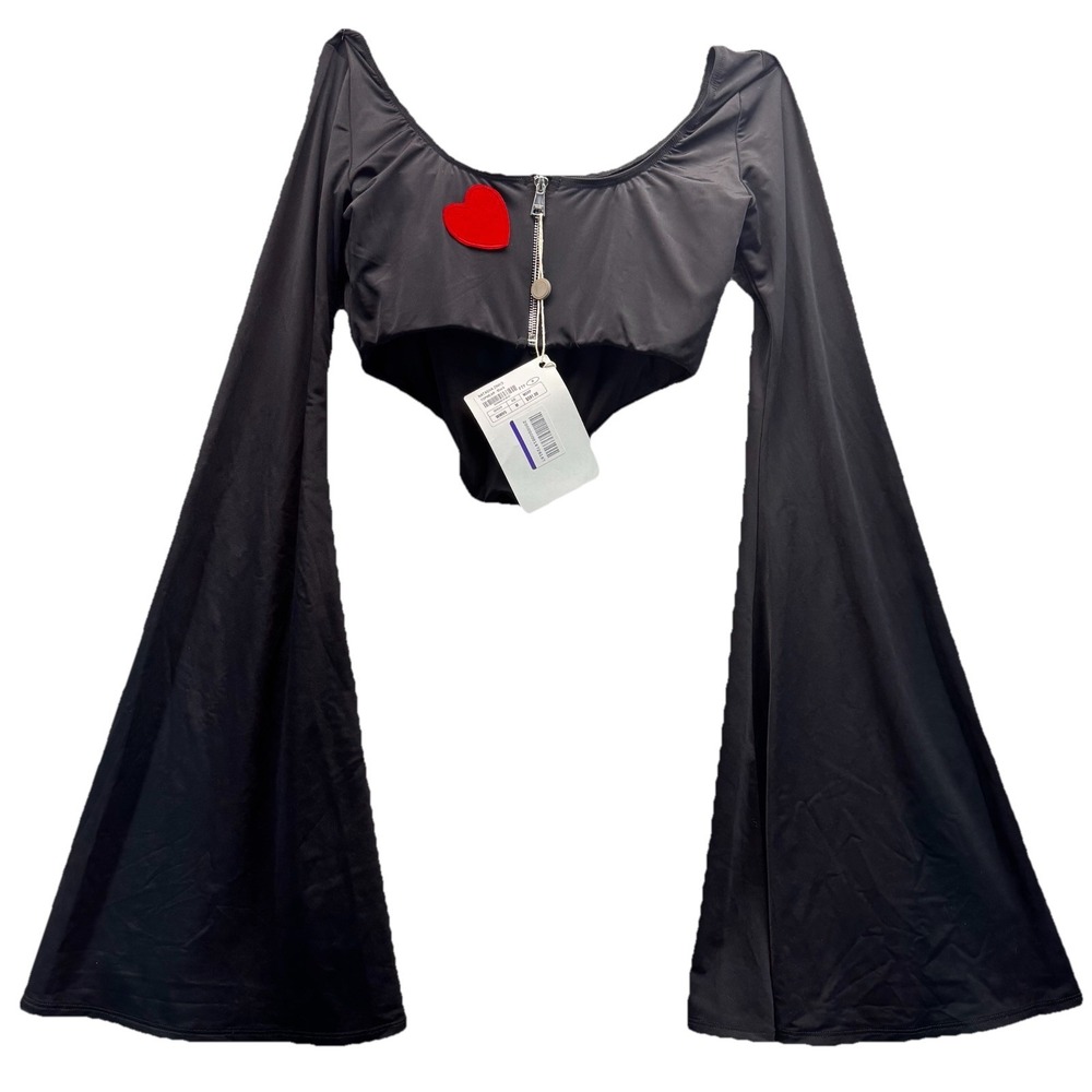 Natasha Zinko Black Bell Sleeve Crop Top Heart Patch Zip Front Womens M NWT $591